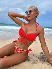 SHEIN Swim Bañador bikini push up con estampado de dibujo con nudo delantero halter - Rojo - Ver 1