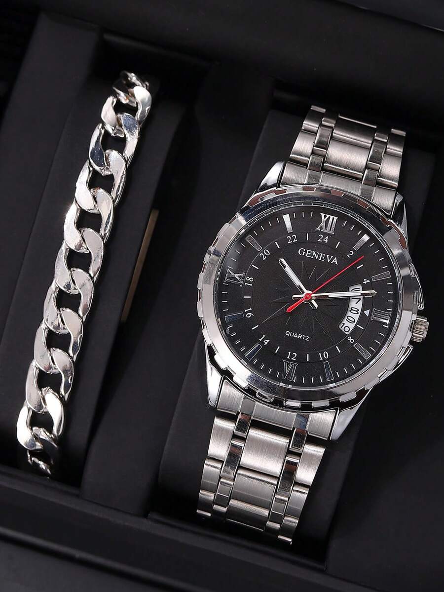 1 pieza Hombres plata de acero inoxidable con tira casual fecha impermeable redondo Reloj cuarzo de esfera & 1 pieza para diariamente - Negro - Ver 1