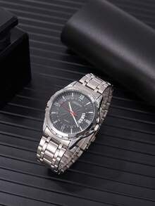 1入組男士銀色不銹鋼錶帶休閒日期防水圓形錶盤石英手錶和1入組手鍊適合日常生活 - 黑色 - 查看 2