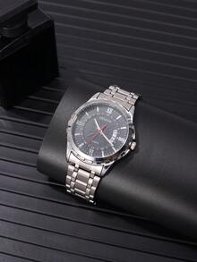 1入組男士銀色不銹鋼錶帶休閒日期防水圓形錶盤石英手錶和1入組手鍊適合日常生活 - 黑色 - 查看 3