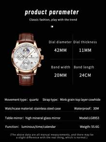 LIGEDESIGN 1入組男士鱷魚壓紋棕色PU聚氨酯錶帶商務日期計時圓形錶盤石英手錶適合日常生活