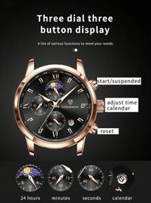 LIGEDESIGN 1pc Men Crocodile Embossed Brown PU Polyurethane Strap Business Date Chronograph Round Dial Quartz Watch, For Daily Life