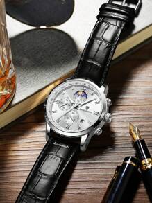 LIGEDESIGN 1入組男士鱷魚紋壓花黑色PU聚氨酯錶帶商務日期計時圓形錶盤石英手錶適合日常生活