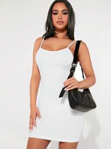 SHEIN PETITE Solid Cami Bodycon Dress - White - View 3