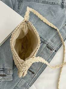 小草編單肩包手工編織海灘夏天斜肩包單肩包,完美適合夏天海灘旅行度假 - 米色 - 查看 5