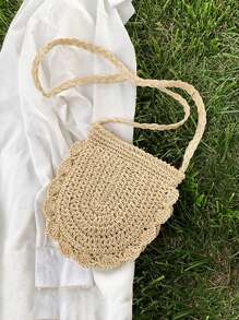 小草編單肩包手工編織海灘夏天斜肩包單肩包,完美適合夏天海灘旅行度假 - 米色 - 查看 7