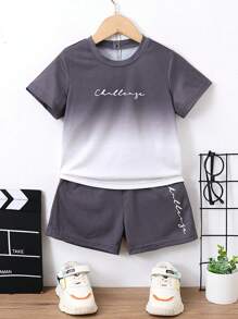 SHEIN Young Boy Letter Gradient Casual Streetwear Round Neck Short Sleeve Two-piece Set For Summer - Multicolor - View 1
