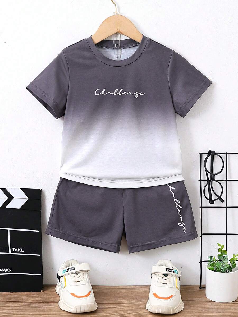 SHEIN Young Boy Letter Gradient Casual Streetwear Round Neck Short Sleeve Two-piece Set For Summer - Multicolor - View 1