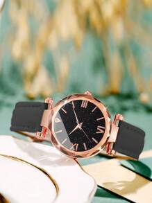 1入組黑色PU聚氨酯帶休閒圓形錶盤石英表和1入組愛心裝飾手環,適用於日常生活 - 黑色 - 查看 4