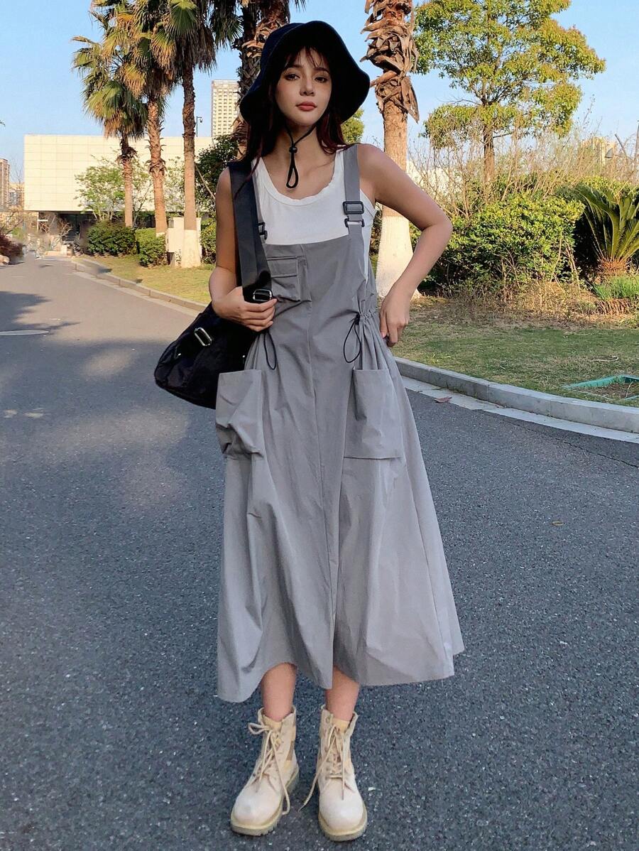 DAZY Solid Pocket Front Pinafore Dress Without Tank Top - Grey - View 1