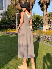 DAZY Solid Pocket Front Pinafore Dress Without Tank Top - Grey - View 5