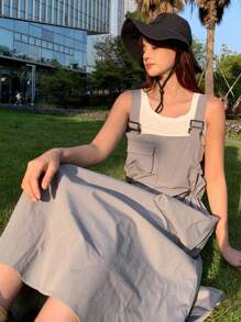 DAZY Solid Pocket Front Pinafore Dress Without Tank Top - Grey - View 8