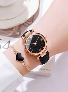 1入組黑色PU聚氨酯帶休閒圓形錶盤石英表和1入組愛心裝飾手環,適用於日常生活 - 黑色 - 查看 1