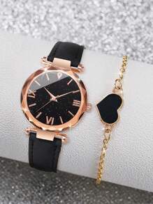 1入組黑色PU聚氨酯帶休閒圓形錶盤石英表和1入組愛心裝飾手環,適用於日常生活 - 黑色 - 查看 2