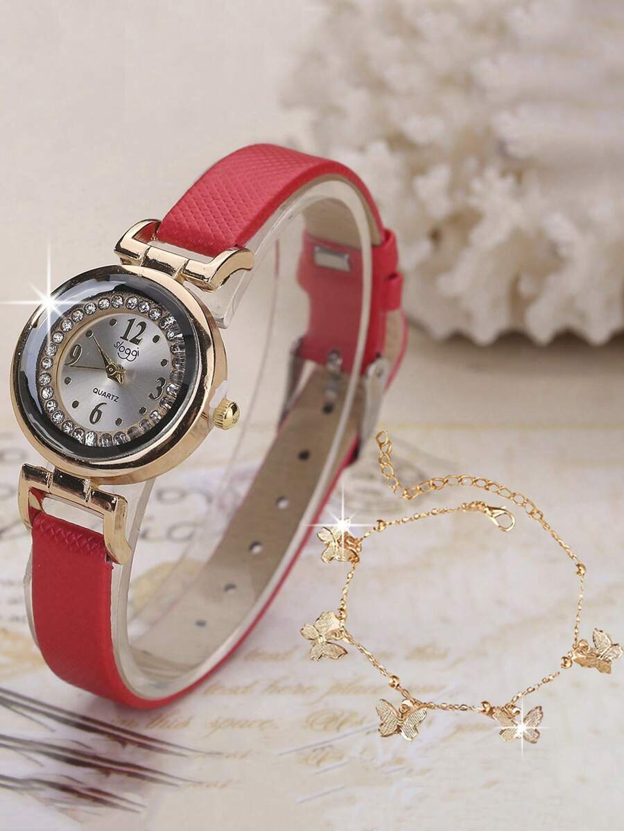 sloggi 1入組女士紅色PU聚氨酯錶帶迷人水鑽裝飾圓形錶盤石英手錶和1入組蝴蝶墜飾手鍊適用於日常生活 - 紅色 - 查看 1