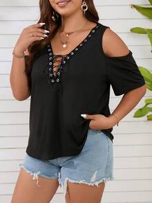 SHEIN LUNE Áo thun Plus size Ren lên Thùa khuyết màu trơn Giải trí - màu đen - Xem 5