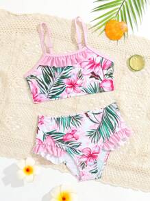 Ensemble de bikini à volants avec imprimé tropical pour jeune fille, plage d\'été