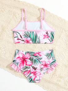 Ensemble de bikini à volants avec imprimé tropical pour jeune fille, plage d\'été
