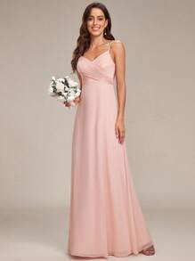 Elegant Pink Chiffon Ruffle Backless Spaghetti Strap Bridesmaid Wedding Guest Dress, Suitable For Wedding Parties, Semi-Formal Occasions And New Year Wear - Baby Pink - View 4