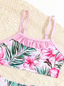 Ensemble de bikini à volants avec imprimé tropical pour jeune fille, plage d\'été