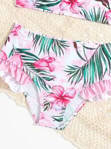 Ensemble de bikini à volants avec imprimé tropical pour jeune fille, plage d\'été