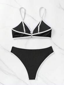 SHEIN Swim Summer Beach Contrast Binding Ring Linked Bikini Set - Black and White - View 5