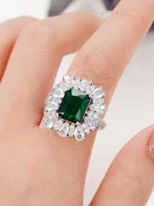 1入組浪漫方晶鋯石戒指適合女士適合情人節禮品訂婚儀式首飾類 - 綠色 - 查看 3