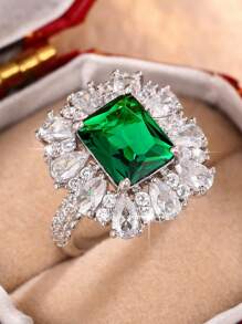 1入組浪漫方晶鋯石戒指適合女士適合情人節禮品訂婚儀式首飾類 - 綠色 - 查看 5