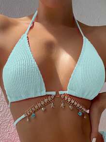 SHEIN Swim Áo Tops Bikini Nữ Chuỗi Pha lê kim cương Buộc lại màu trơn - Màu xanh bạc hà - Xem 1