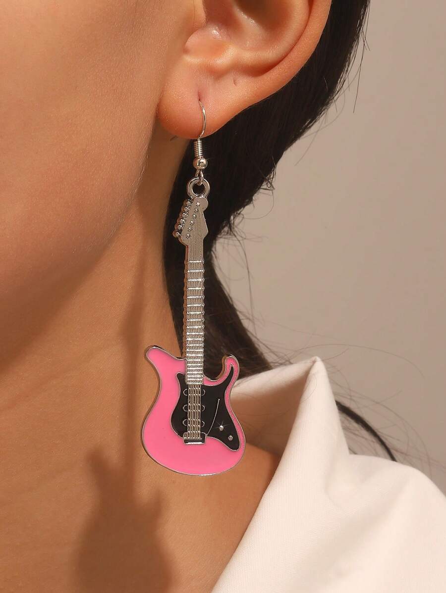 1對創意鋅合金水鑽裝飾吉他耳墜適合女士日常裝飾 - 粉色 - 查看 1