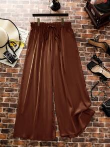 SHEIN LUNE Quần Plus Size Thắt nút Quần paper-bag màu trơn Giải trí - Cà phê nâu - Xem 1