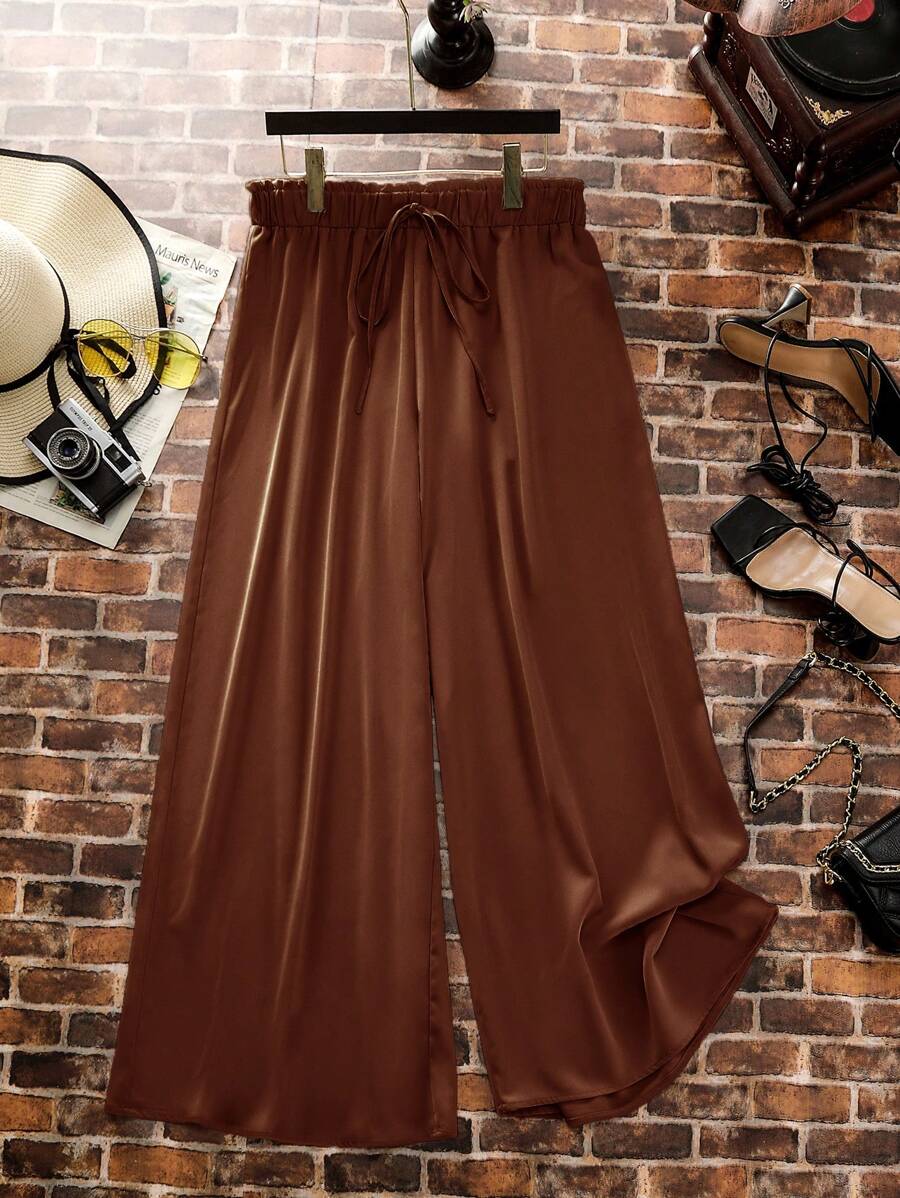 SHEIN LUNE Quần Plus Size Thắt nút Quần paper-bag màu trơn Giải trí - Cà phê nâu - Xem 1