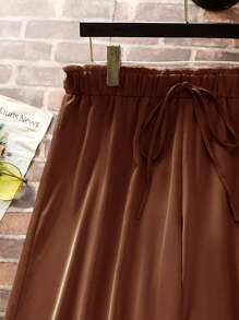 SHEIN LUNE Quần Plus Size Thắt nút Quần paper-bag màu trơn Giải trí - Cà phê nâu - Xem 3