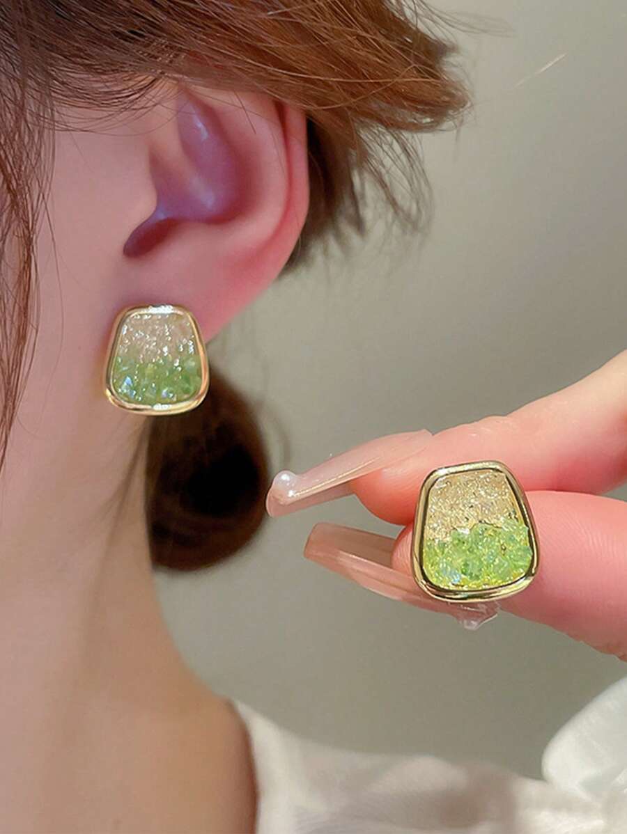 1對時尚鋅合金撞色幾何耳釘適合女士日常裝飾 - 彩色 - 查看 1