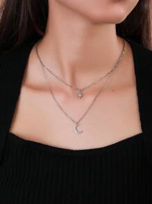 1入組銀色耀眼雙層項鍊帶方晶鋯石、星星和月亮吊墜適合女士節日裝束 - 銀色 - 查看 2