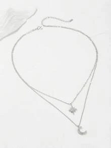 1入組銀色耀眼雙層項鍊帶方晶鋯石、星星和月亮吊墜適合女士節日裝束 - 銀色 - 查看 6
