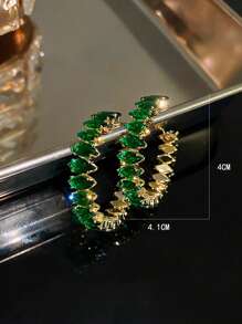 1pair Glamorous Zinc Alloy Rhinestone Decor Round Hoop Earrings For Women For Daily Decoration - Green - View 3