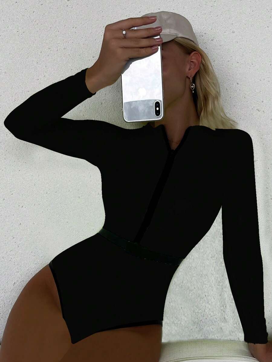 SHEIN Swim Zip Front One Piece Swimsuit