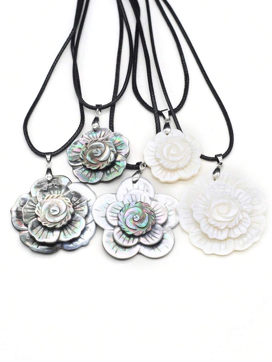 1入組復古3.2厘米黑色花朵貝殼吊墜女士項鍊適合暑假旅行海灘派對 - 黑色 - 查看 1