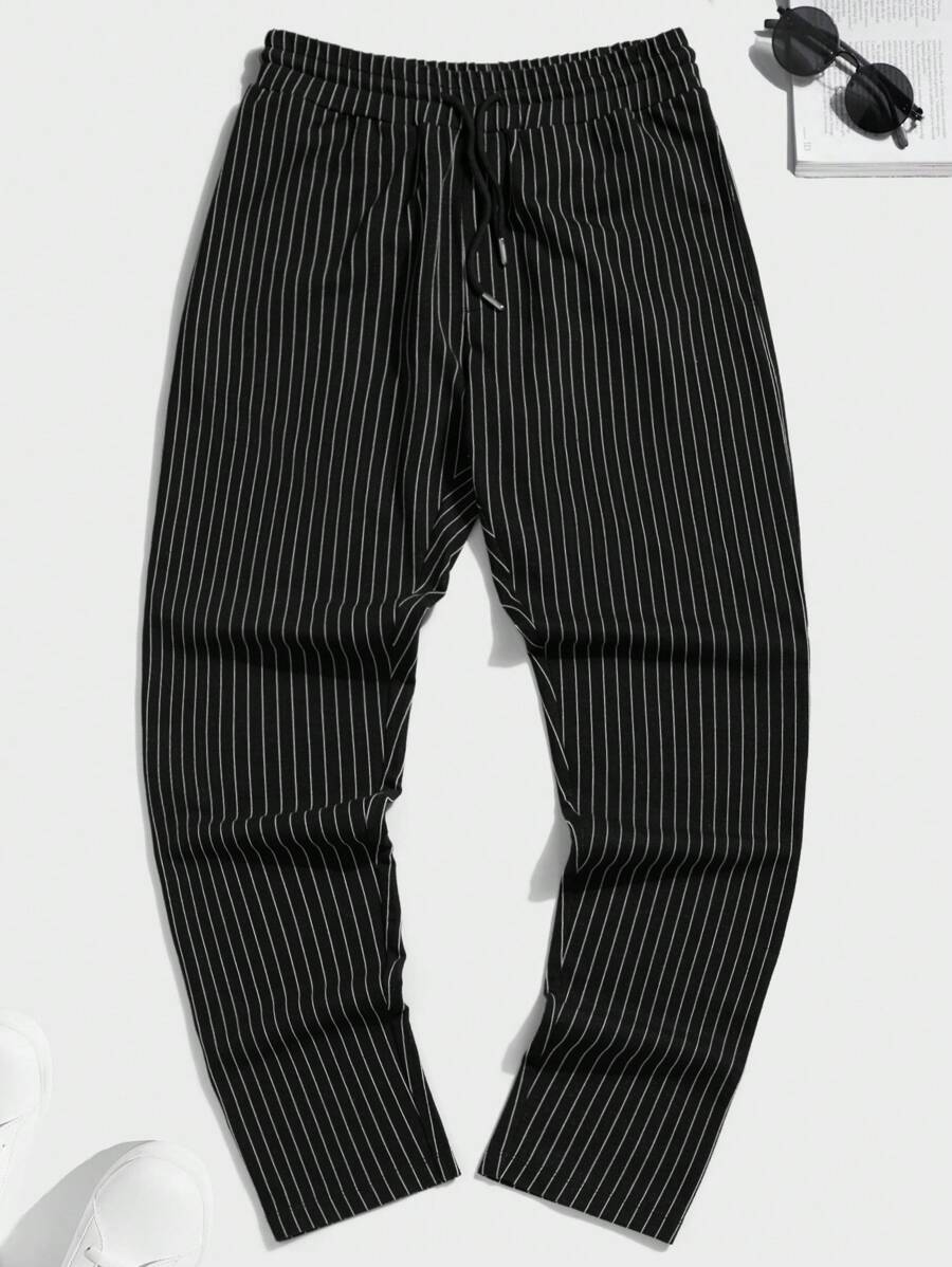 RueChic Men Striped Drawstring Waist Trousers - Black - View 1