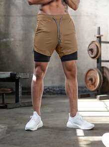 Manfinity Sport Corelite 男友风男士纯色简约休闲运动短裤校园运动裤 - 卡其色 - 查看 4