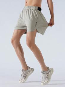Men Letter Graphic Sports Shorts - Beige - View 1