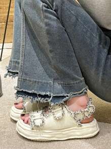 女士毛邊緣搭扣裝飾露跟運動時尚戶外涼鞋 - 米色 - 查看 2