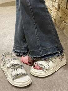 女士毛邊緣搭扣裝飾露跟運動時尚戶外涼鞋 - 米色 - 查看 4