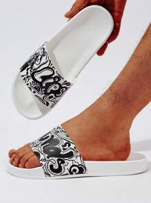 男士字母圖案單帶PVC時尚拖鞋 - 黑與白 - 查看 1