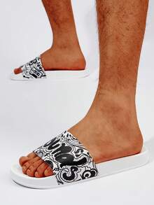 男士字母圖案單帶PVC時尚拖鞋 - 黑與白 - 查看 3