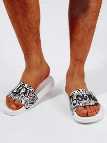 男士字母圖案單帶PVC時尚拖鞋 - 黑與白 - 查看 4