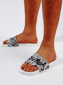 男士字母圖案單帶PVC時尚拖鞋 - 黑與白 - 查看 5