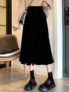 女士纯色休闲松紧腰褶皱 A 字裙