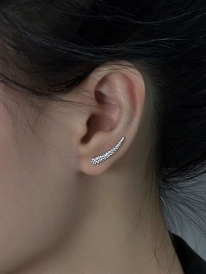ELSEDES 1pair Silver Fashionable And Personalized Shuttle Shape U-Shaped Sparkling Facet Ear Studs For Women's Party Outfit And Charisma Matching
